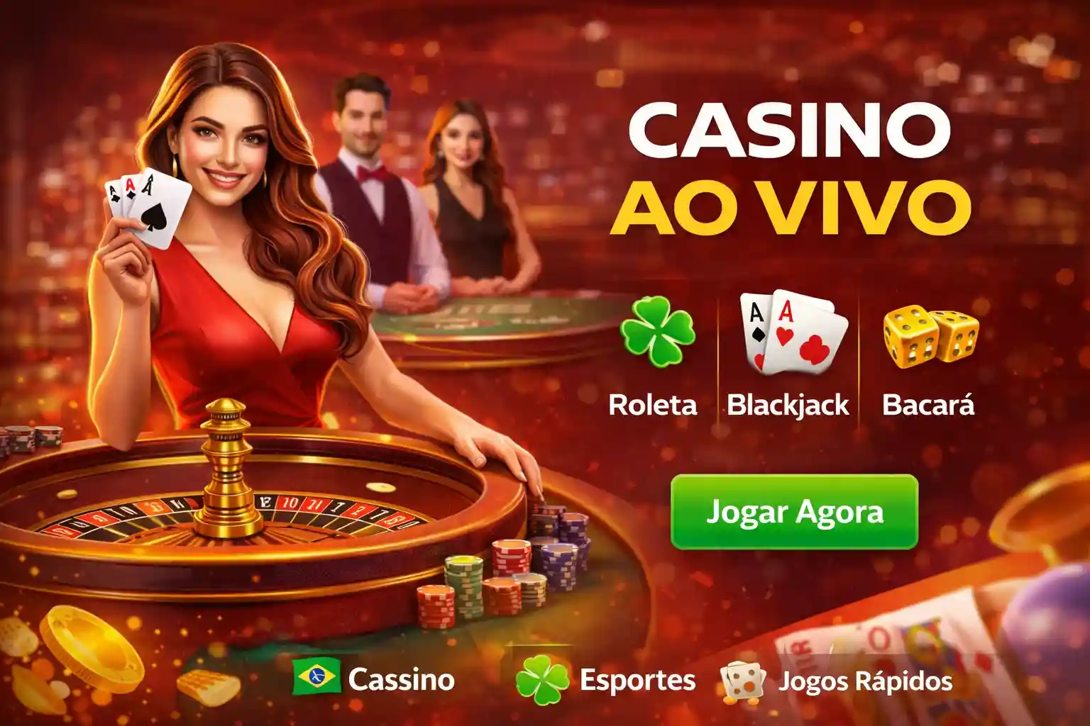 Mulher na roleta e dealers ao fundo em cassino ao vivo