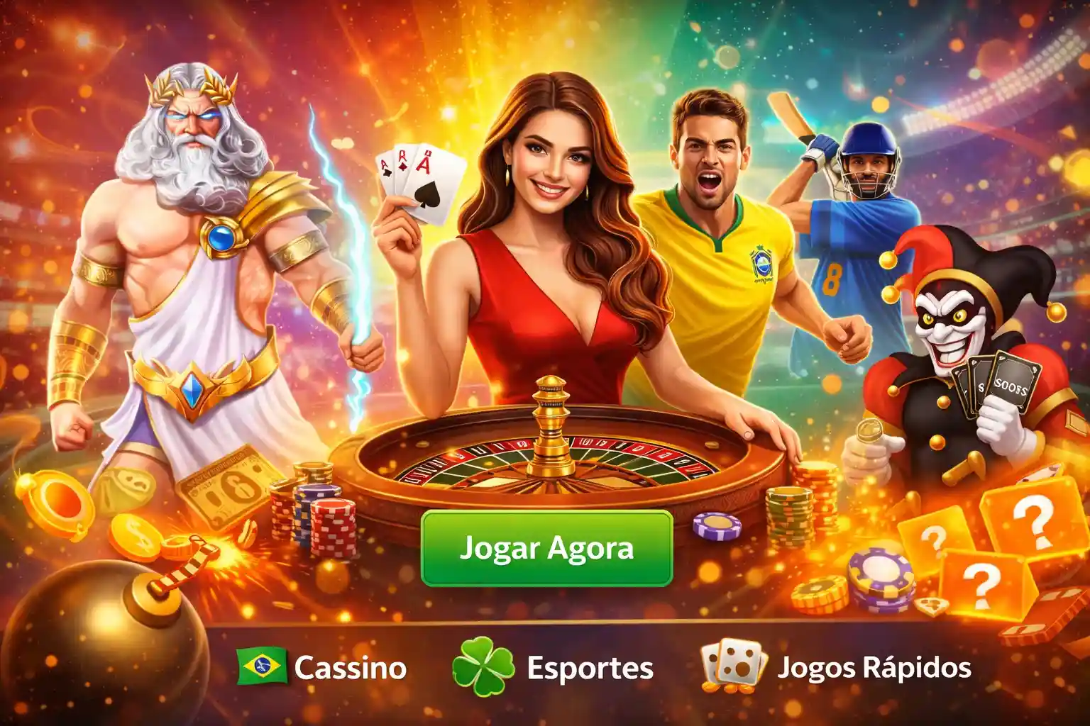 Personagens de cassino, roleta e botão jogar agora em destaque