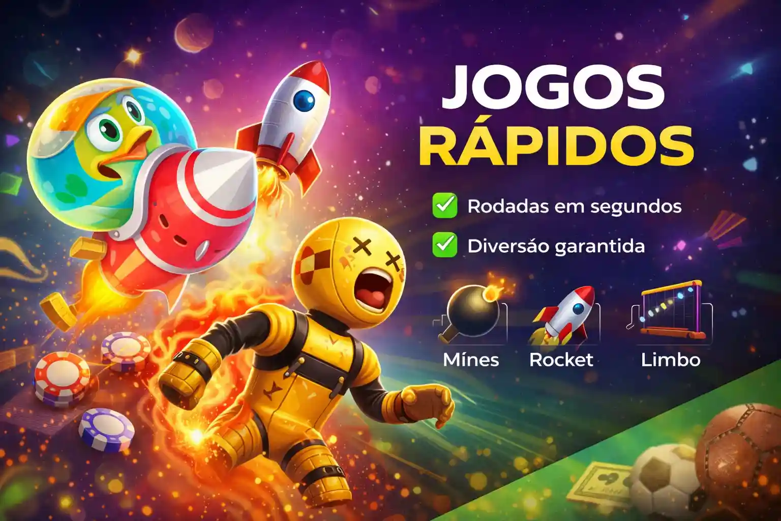 Personagens animados com rocket, mines e limbo em destaque